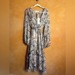 Keepsake Blush Floral “Luscious” Long-Sleeve Midi Dress NWT L